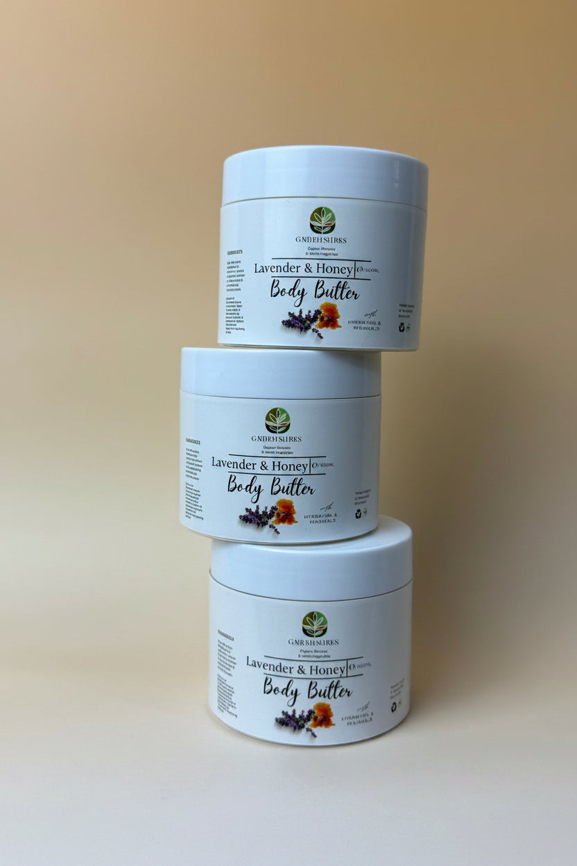 Two containers of Lavender & Honey Body Butter on a beige background